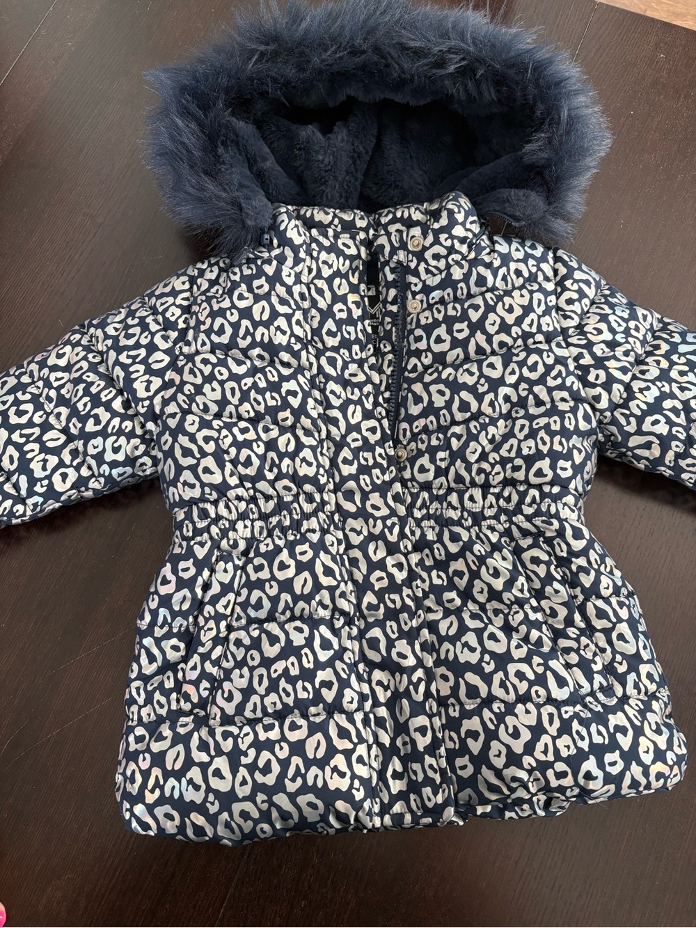 Girls Navy Shimmer Silver-White Leopard Print Puffer Coat with Faux Fur Hood